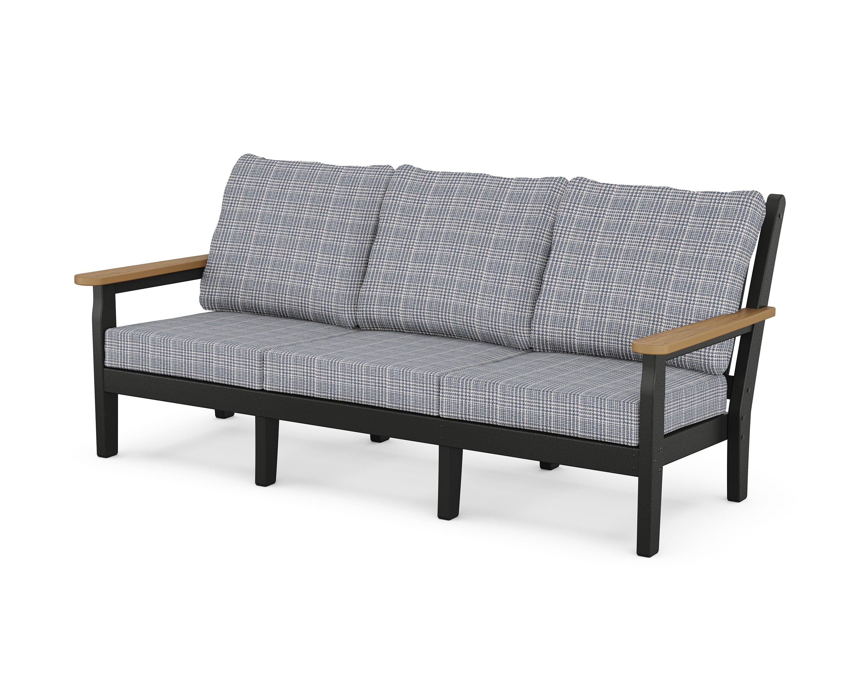 POLYWOOD® Chippendale Deep Seating Sofa in Black / Natural / Houndstooth Sky Blue
