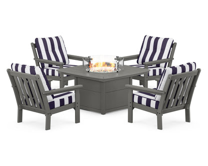 POLYWOOD® Vineyard 5-Piece Conversation Set with Fire Pit Table in Slate Grey / Cabana Stripe Navy