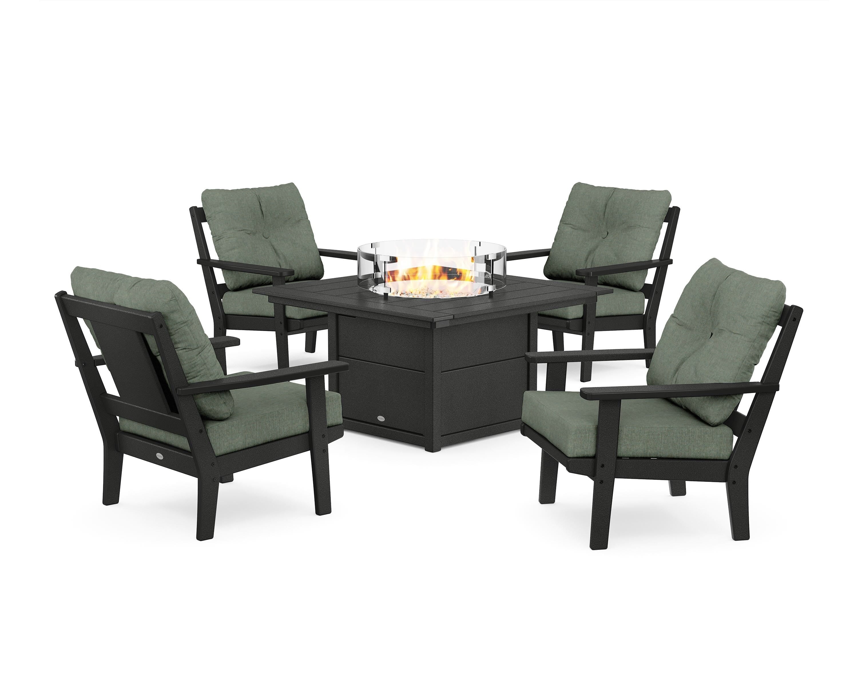 POLYWOOD® Prairie 5-Piece Deep Seating Set with Fire Pit Table in Black / Cast Sage