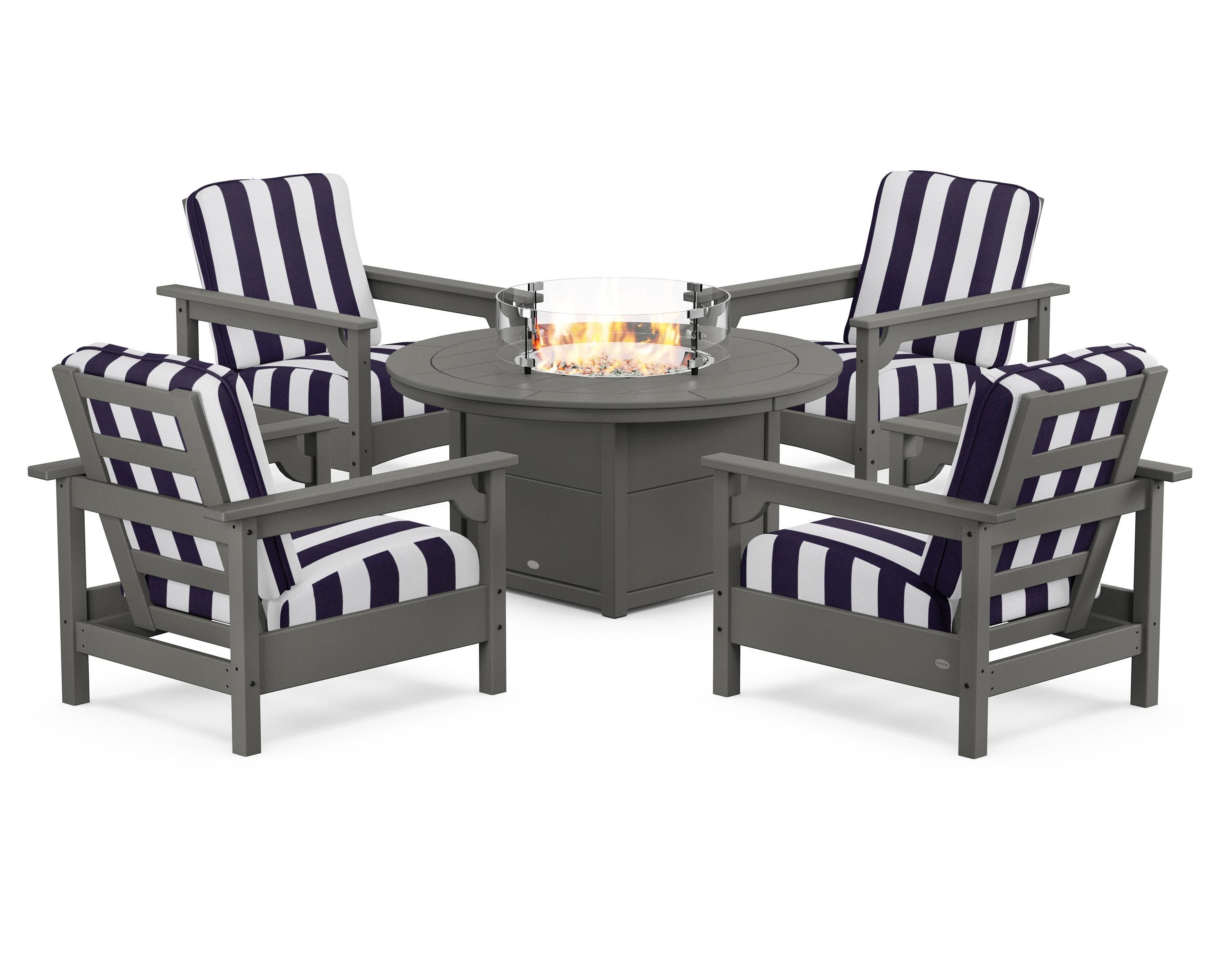 POLYWOOD® Club 5-Piece Conversation Set with Fire Pit Table in Slate Grey / Cabana Stripe Navy