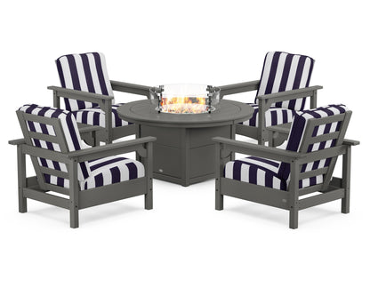 POLYWOOD® Club 5-Piece Conversation Set with Fire Pit Table in Slate Grey / Cabana Stripe Navy