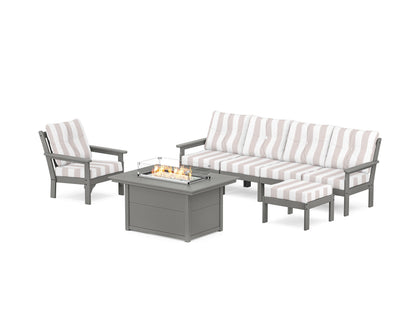 POLYWOOD® Vineyard Sectional Lounge and Fire Pit Set in Slate Grey / Cabana Stripe Dune Burlap