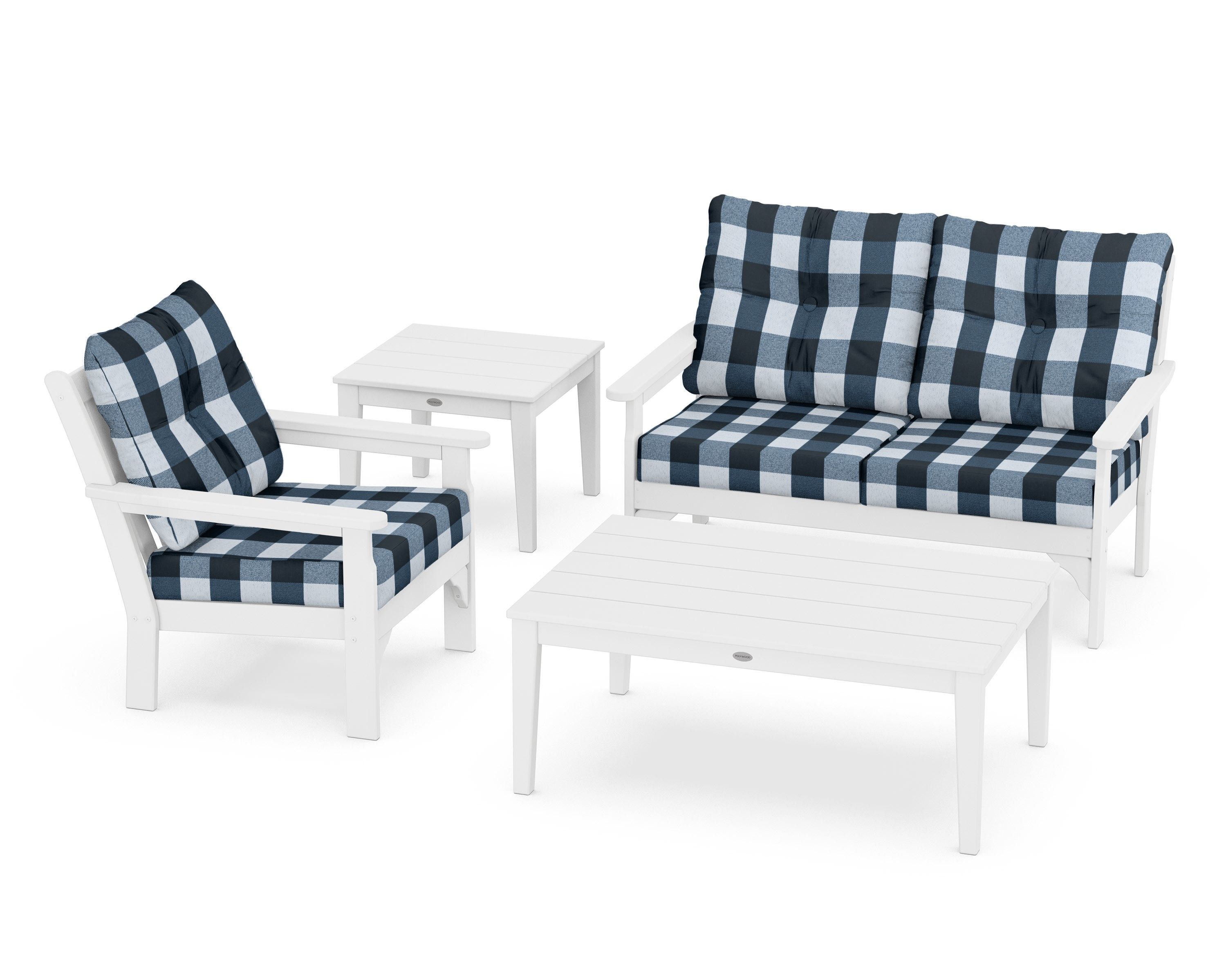 POLYWOOD® Vineyard 4-Piece Deep Seating Set in White / Buffalo Plaid Marine Indigo