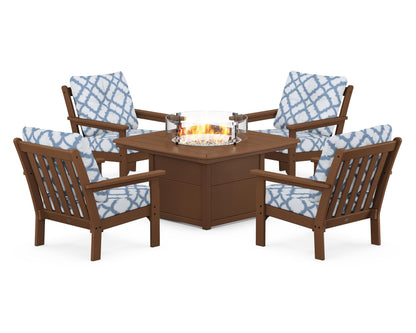 POLYWOOD® Vineyard 5-Piece Conversation Set with Fire Pit Table in Teak / Trellis Sky Blue