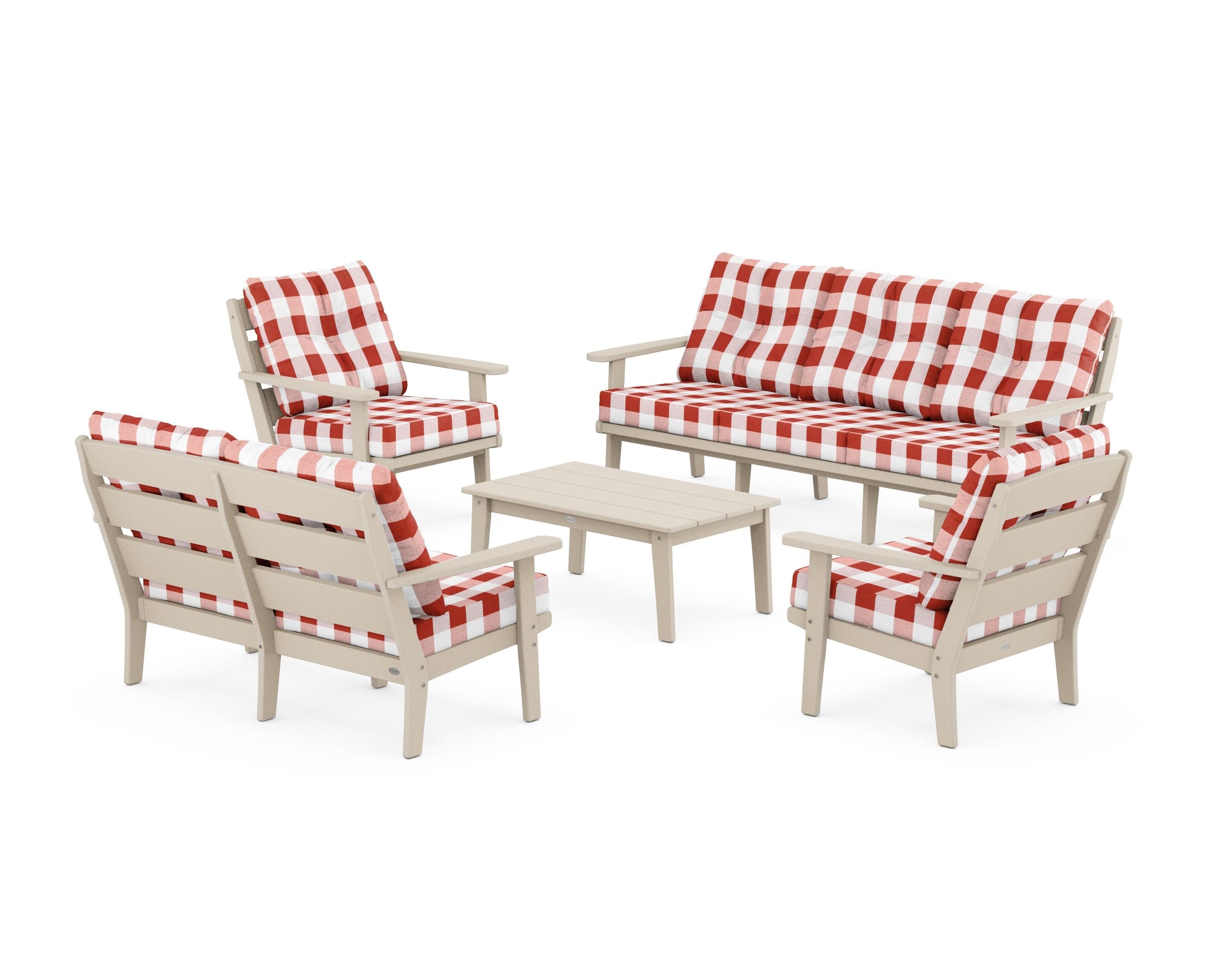 POLYWOOD® Lakeside 5-Piece Lounge Sofa Set in Sand / Buffalo Plaid Crimson