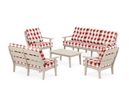 POLYWOOD® Lakeside 5-Piece Lounge Sofa Set in Sand / Buffalo Plaid Crimson