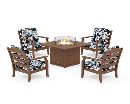 Draper James™ by  POLYWOOD® Savannah 5-Piece Deep Seating Set with Fire Pit Table in Teak / Leaf Marine Indigo