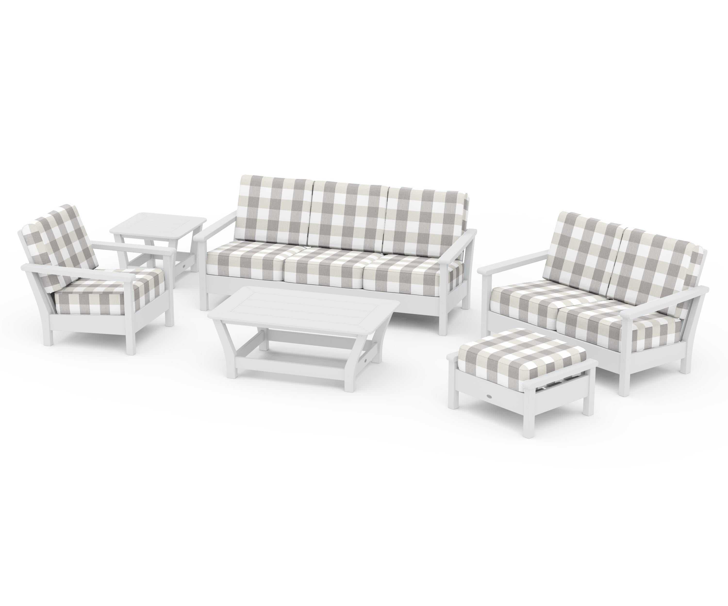 POLYWOOD® Harbour 6-Piece Outdoor Living Set in White / Buffalo Plaid Grey Mist