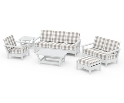 POLYWOOD® Harbour 6-Piece Outdoor Living Set in White / Buffalo Plaid Grey Mist