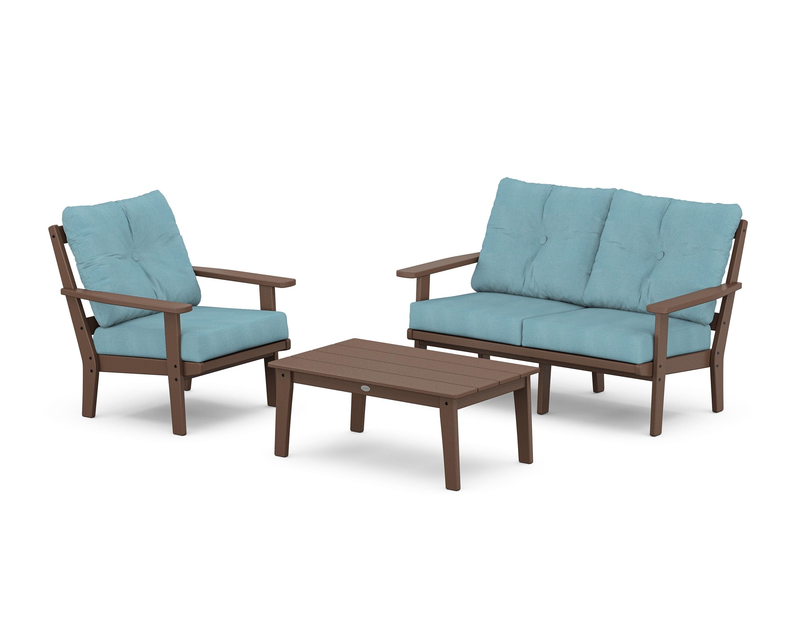 POLYWOOD® Prairie 3-Piece Deep Seating Set with Loveseat in Mahogany / Lattice Sky Blue
