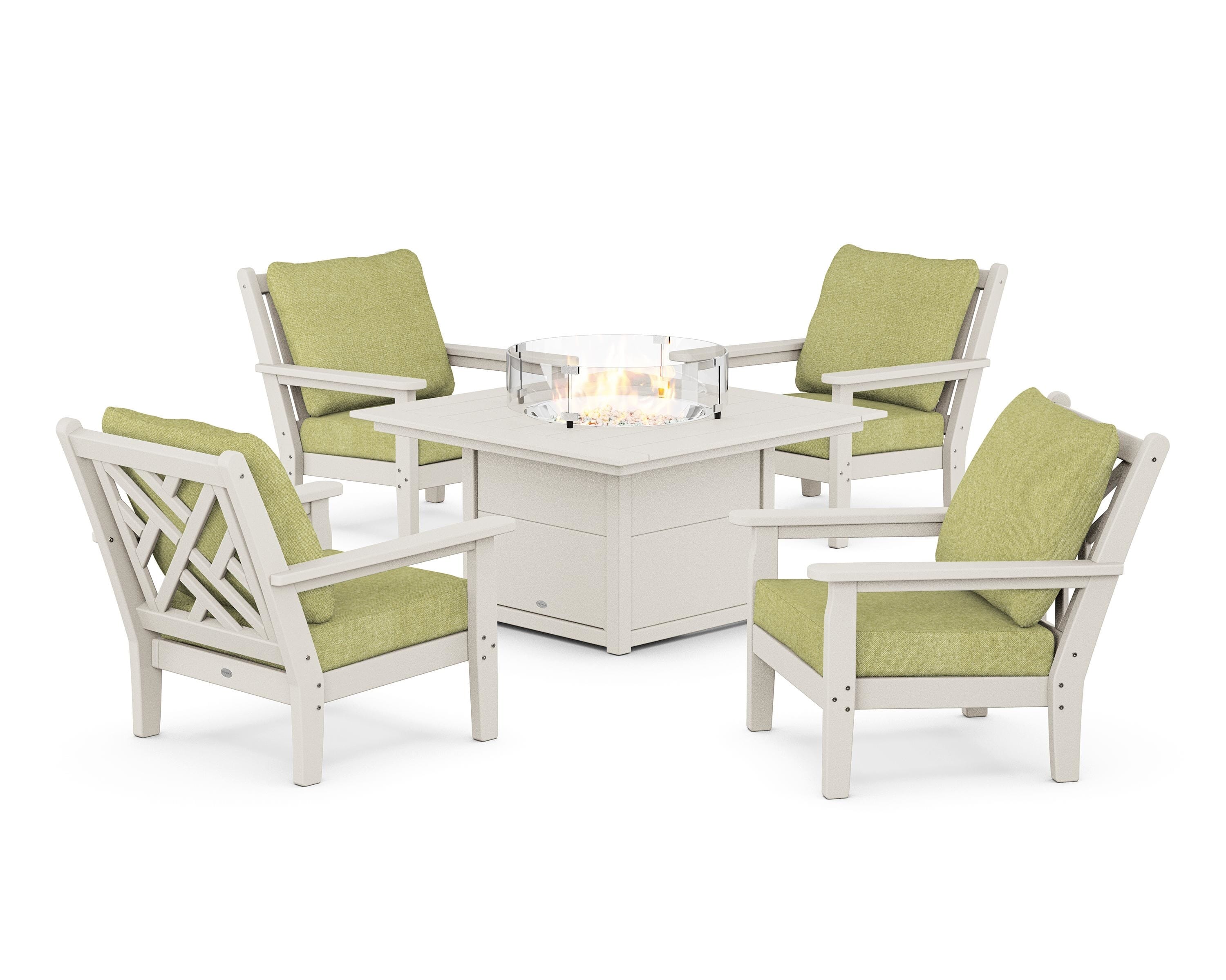 POLYWOOD® Chippendale 5-Piece Deep Seating Set with Fire Pit Table in Sand / Chartreuse Boucle