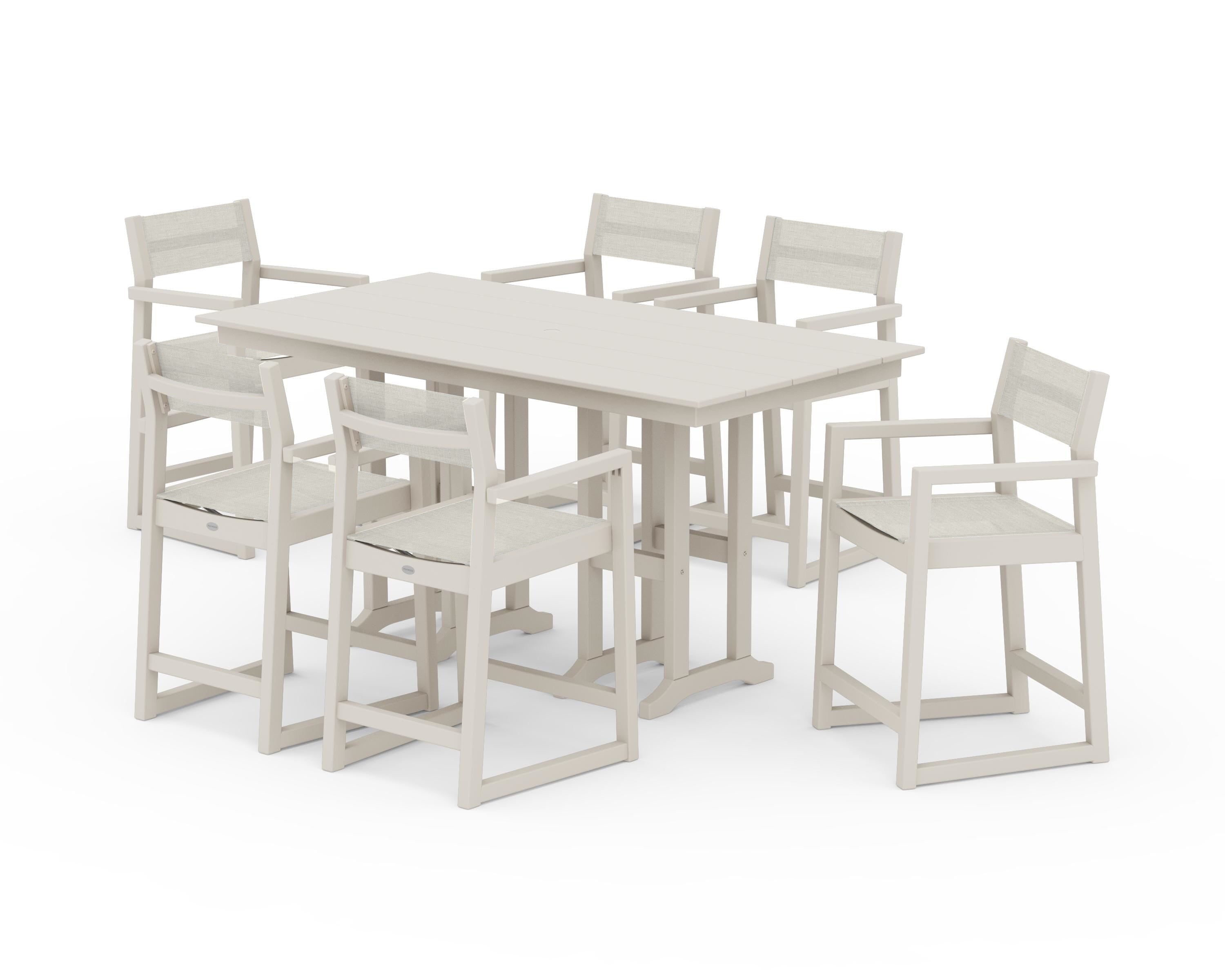 POLYWOOD® EDGE Sling Arm Chair 7-Piece Farmhouse Counter Set in Sand / Parchment Sling