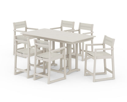 POLYWOOD® EDGE Sling Arm Chair 7-Piece Farmhouse Counter Set in Sand / Parchment Sling