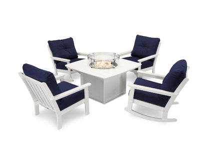 POLYWOOD® Vineyard 5-Piece Deep Seating Rocking Chair Conversation Set with Fire Pit Table in White / Navy