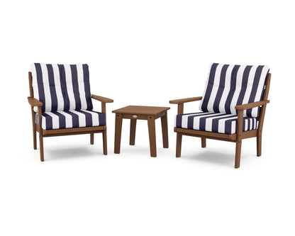 POLYWOOD® Lakeside 3-Piece Deep Seating Chair Set in Teak / Cabana Stripe Navy