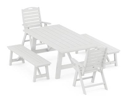POLYWOOD® Nautical Folding Highback Chair 5-Piece Rustic Farmhouse Dining Set With Benches in White