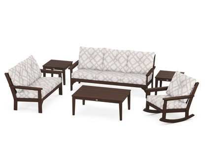 POLYWOOD® Vineyard 6-Piece Deep Seating Set in Mahogany / Trellis Dune Burlap