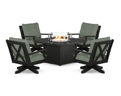 POLYWOOD® Braxton 5-Piece Deep Seating Swivel Conversation Set with Fire Pit Table in Black / Cast Sage