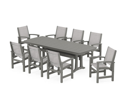 POLYWOOD® Coastal 9-Piece Dining Set with Trestle Legs in Slate Grey / Parchment Sling