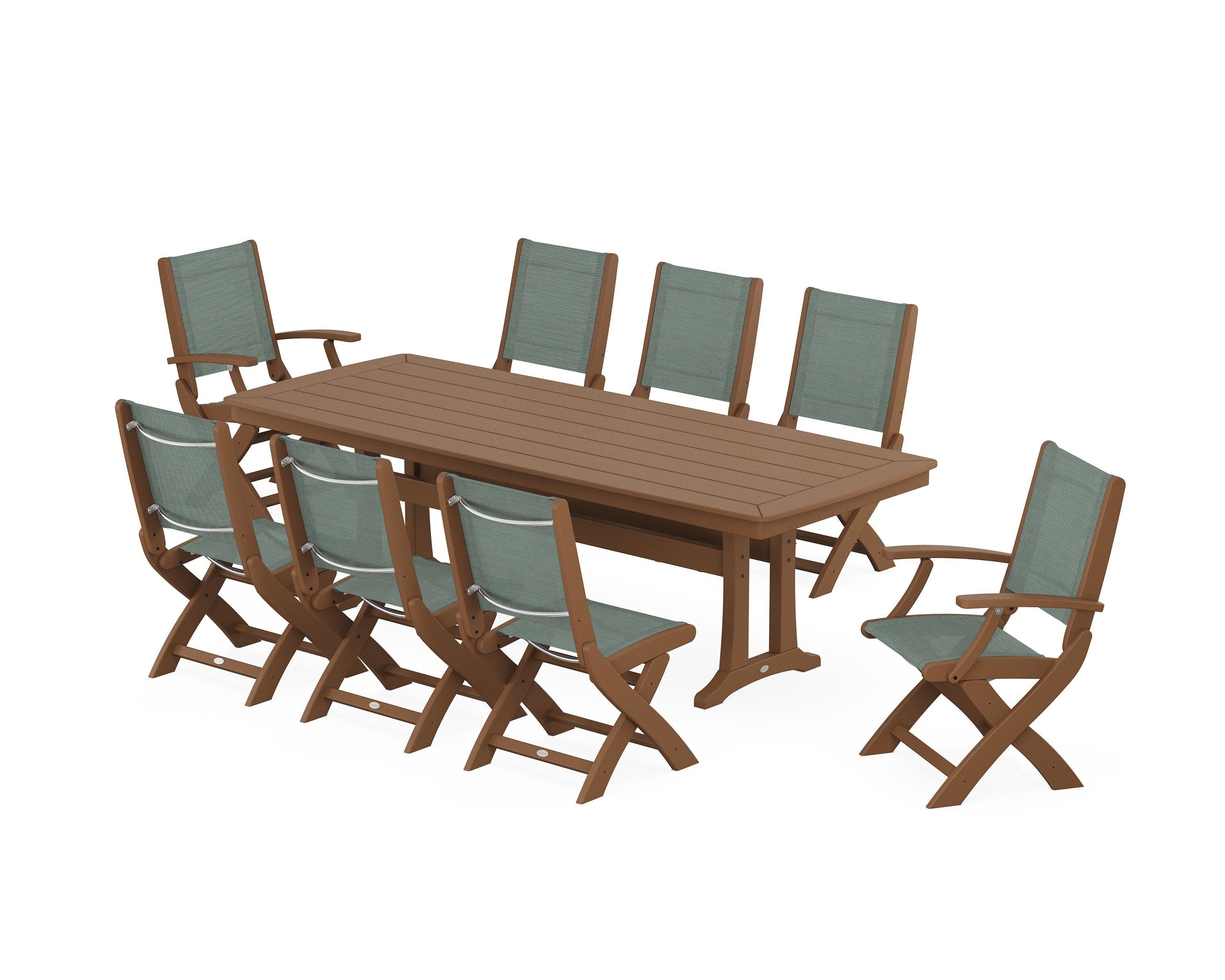 POLYWOOD® Coastal Folding 9-Piece Dining Set with Trestle Legs in Teak / Dupioni Sea Mist Sling
