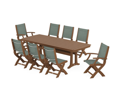POLYWOOD® Coastal Folding 9-Piece Dining Set with Trestle Legs in Teak / Dupioni Sea Mist Sling