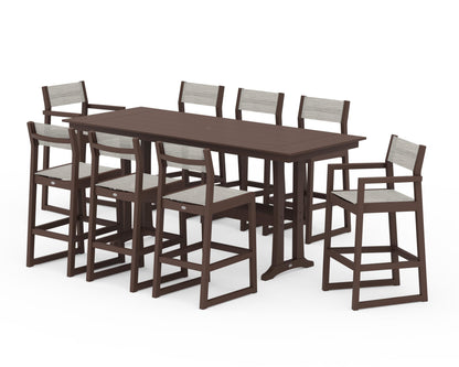 POLYWOOD® EDGE Sling 9-Piece Farmhouse Bar Set with Trestle Legs in Mahogany / Birch Sling