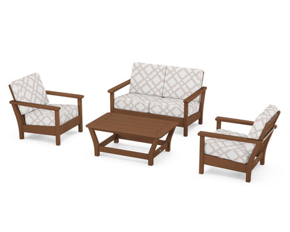 POLYWOOD® Harbour 4-Piece Deep Seating Set in Teak / Trellis Dune Burlap