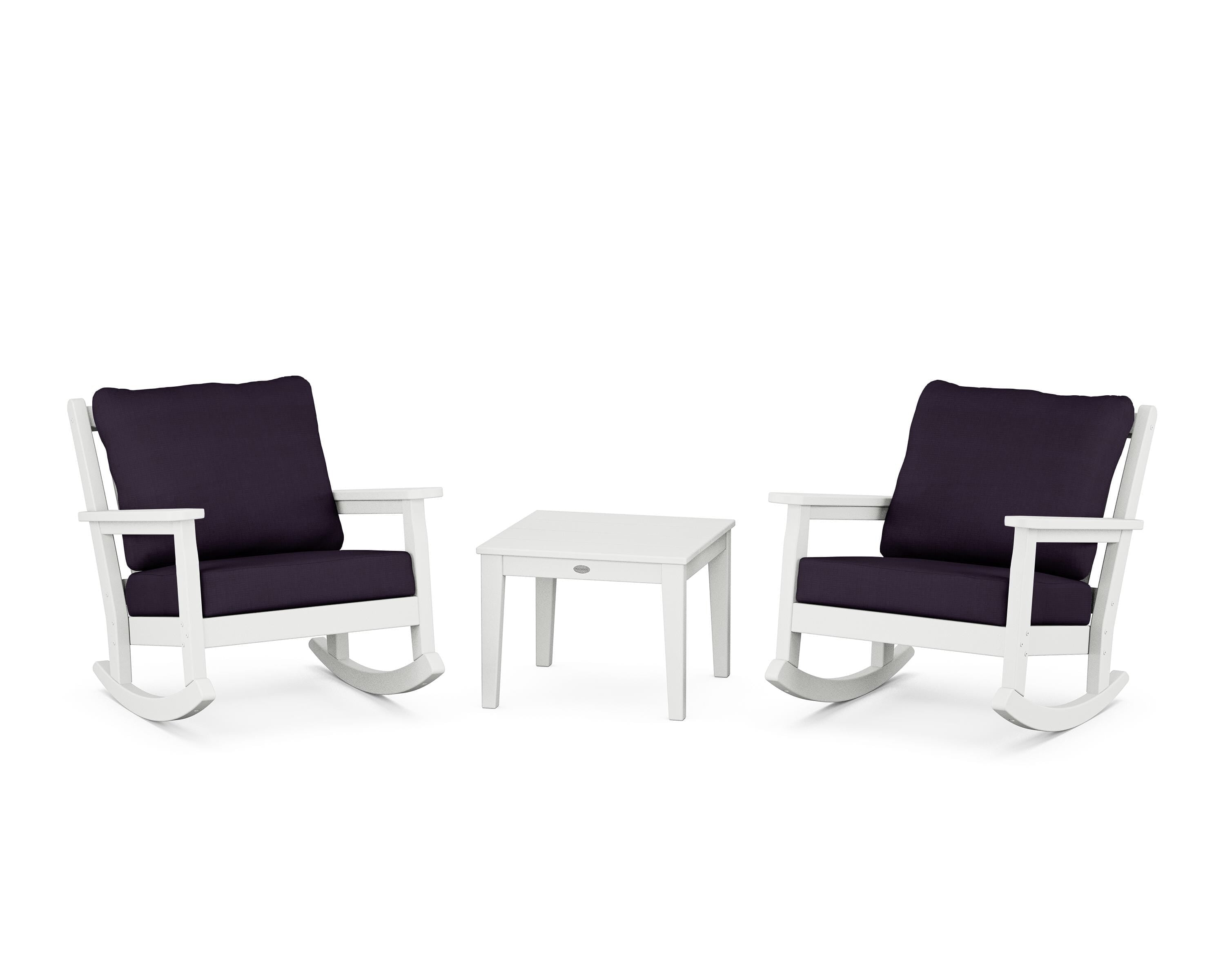 POLYWOOD® Chippendale 3-Piece Deep Seating Rocker Set in White / Navy Linen