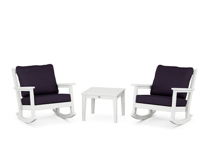 POLYWOOD® Chippendale 3-Piece Deep Seating Rocker Set in White / Navy Linen