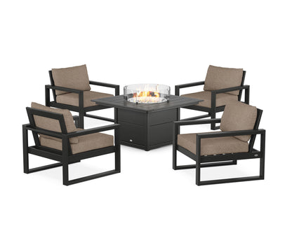 POLYWOOD® EDGE Sectional 5-Piece Deep Seating Set with Fire Pit Table in Black / Spiced Burlap