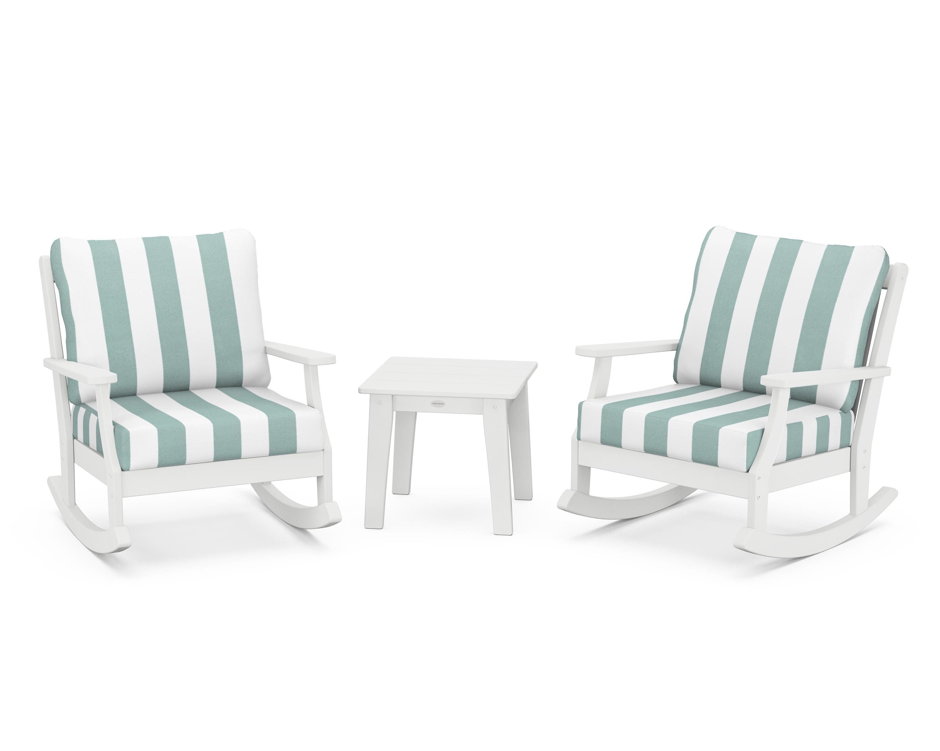 POLYWOOD® Braxton 3-Piece Deep Seating Rocker Set in White / Cabana Stripe Glacier Spa