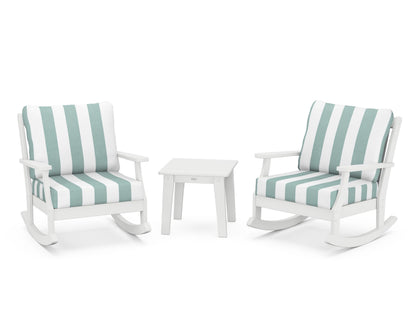 POLYWOOD® Braxton 3-Piece Deep Seating Rocker Set in White / Cabana Stripe Glacier Spa