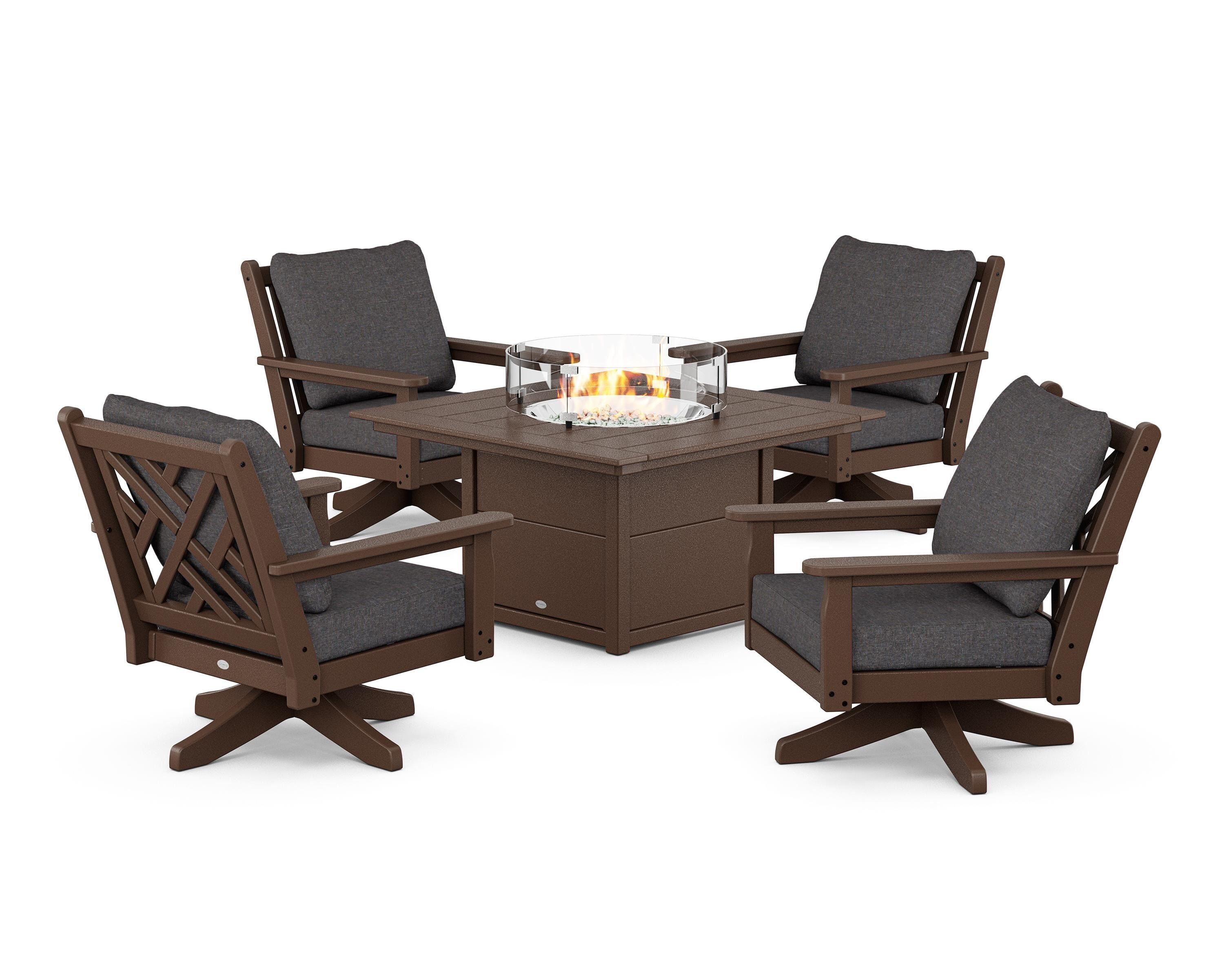 POLYWOOD® Chippendale 5-Piece Deep Seating Swivel Conversation Set with Fire Pit Table in Mahogany / Ash Charcoal