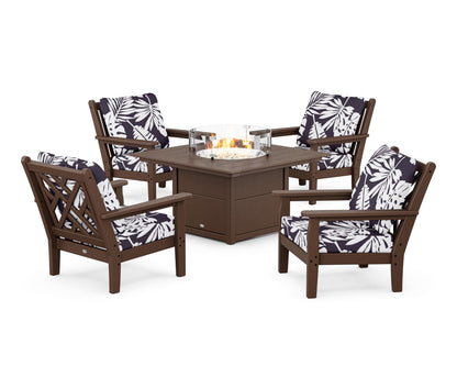 POLYWOOD® Chippendale 5-Piece Deep Seating Set with Fire Pit Table in Mahogany / Leaf Navy