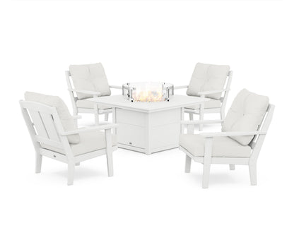 POLYWOOD® Mission 5-Piece Deep Seating Set with Fire Pit Table in White / Natural Linen
