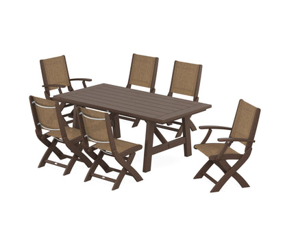 POLYWOOD® Coastal Folding Chair 7-Piece Rustic Farmhouse Dining Set in Mahogany / Burlap Sling