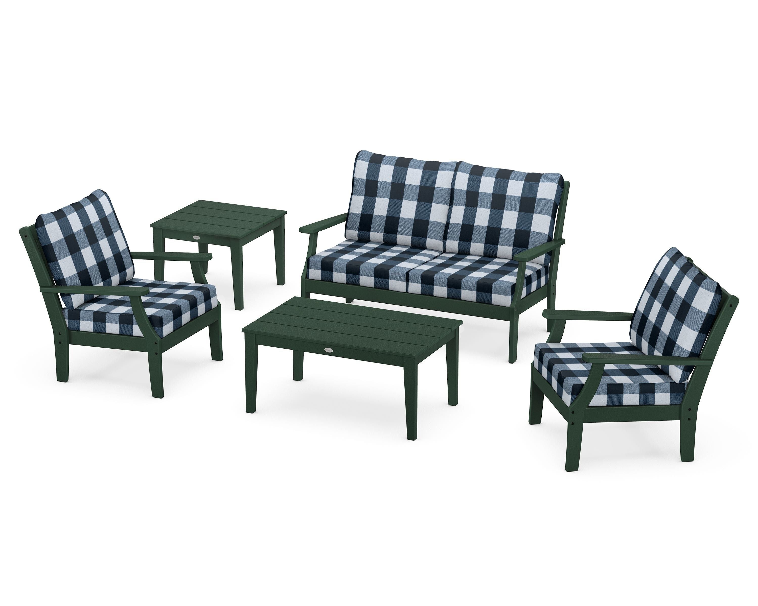 POLYWOOD® Braxton 5-Piece Deep Seating Set in Green / Buffalo Plaid Marine Indigo