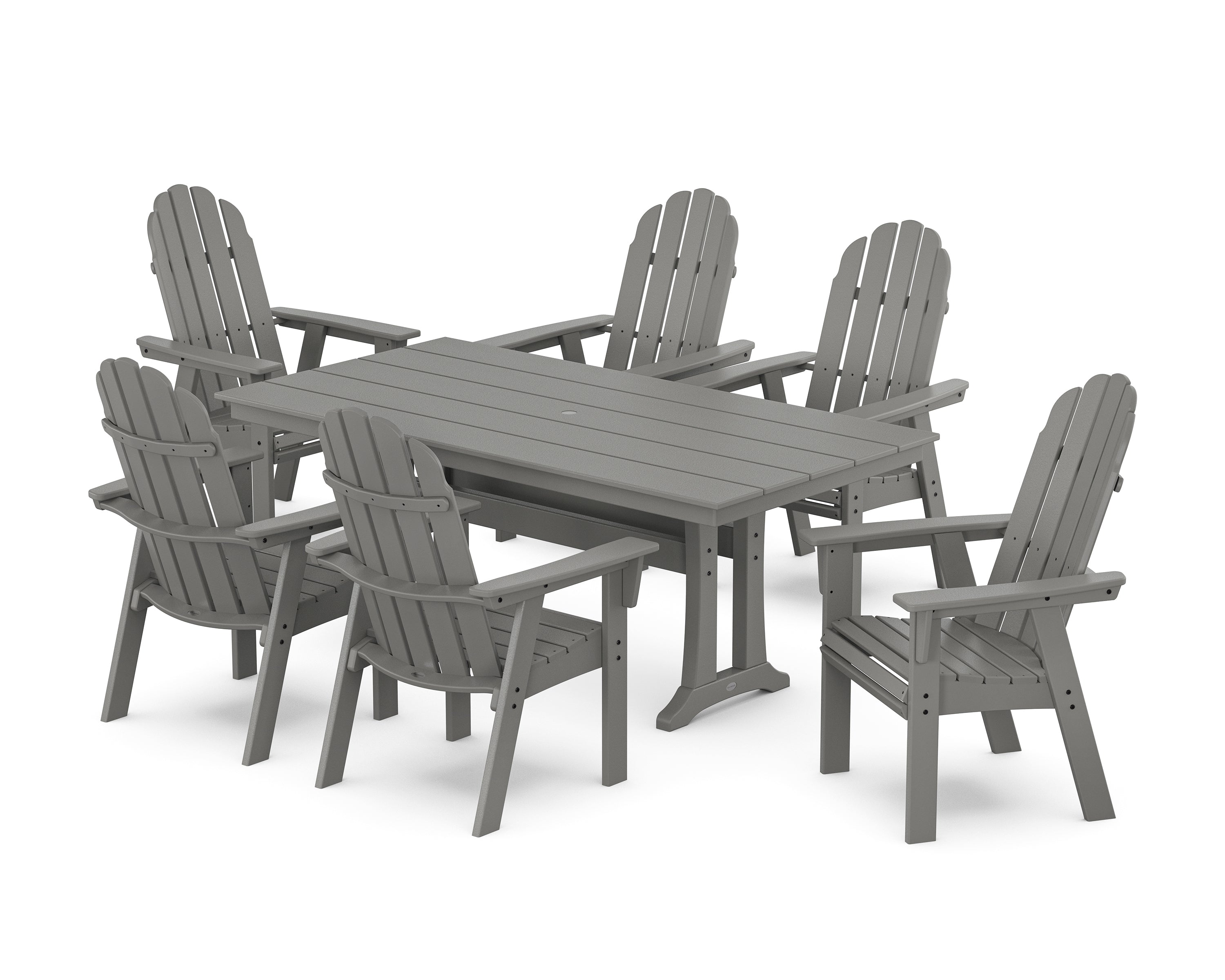 POLYWOOD® Vineyard Curveback Adirondack Chair 7-Piece Farmhouse Dining Set with Trestle Legs in Slate Grey