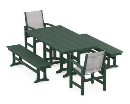 POLYWOOD® Coastal 5-Piece Farmhouse Dining Set in Green / Parchment Sling