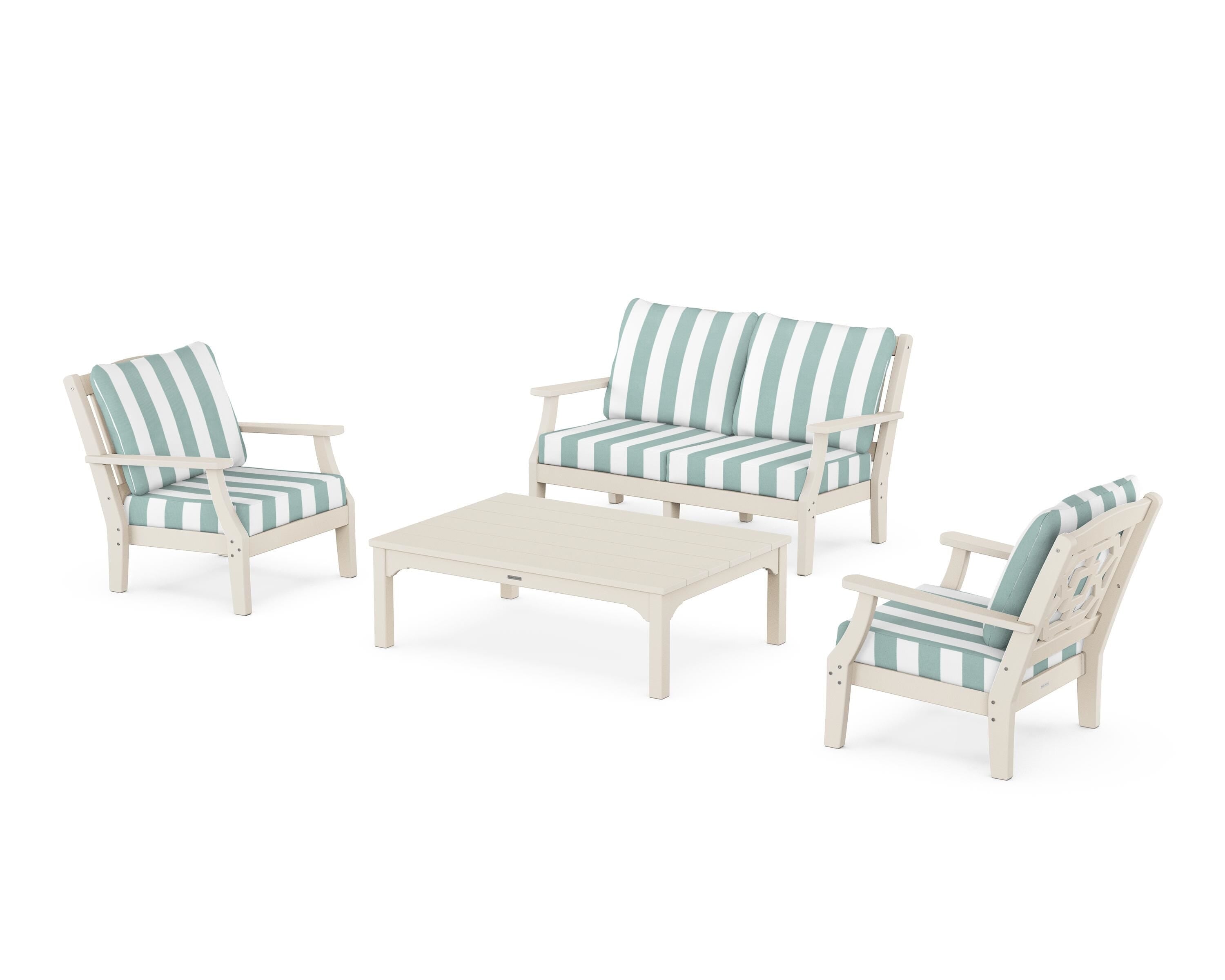 Martha Stewart by POLYWOOD® Chinoiserie 4-Piece Deep Seating Set with Loveseat in Sand / Cabana Stripe Glacier Spa