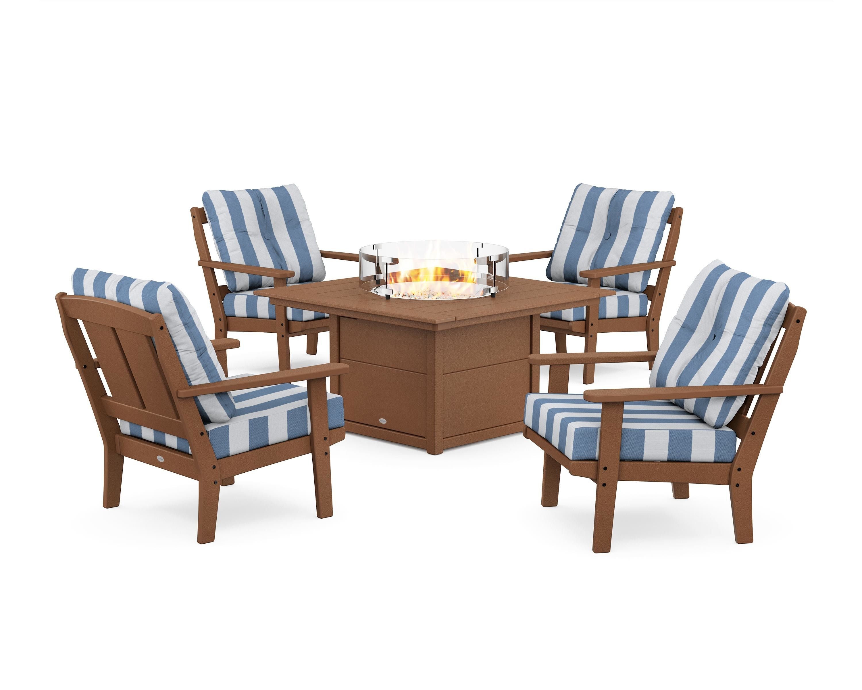 POLYWOOD® Mission 5-Piece Deep Seating Set with Fire Pit Table in Teak / Cabana Stripe Sky Blue