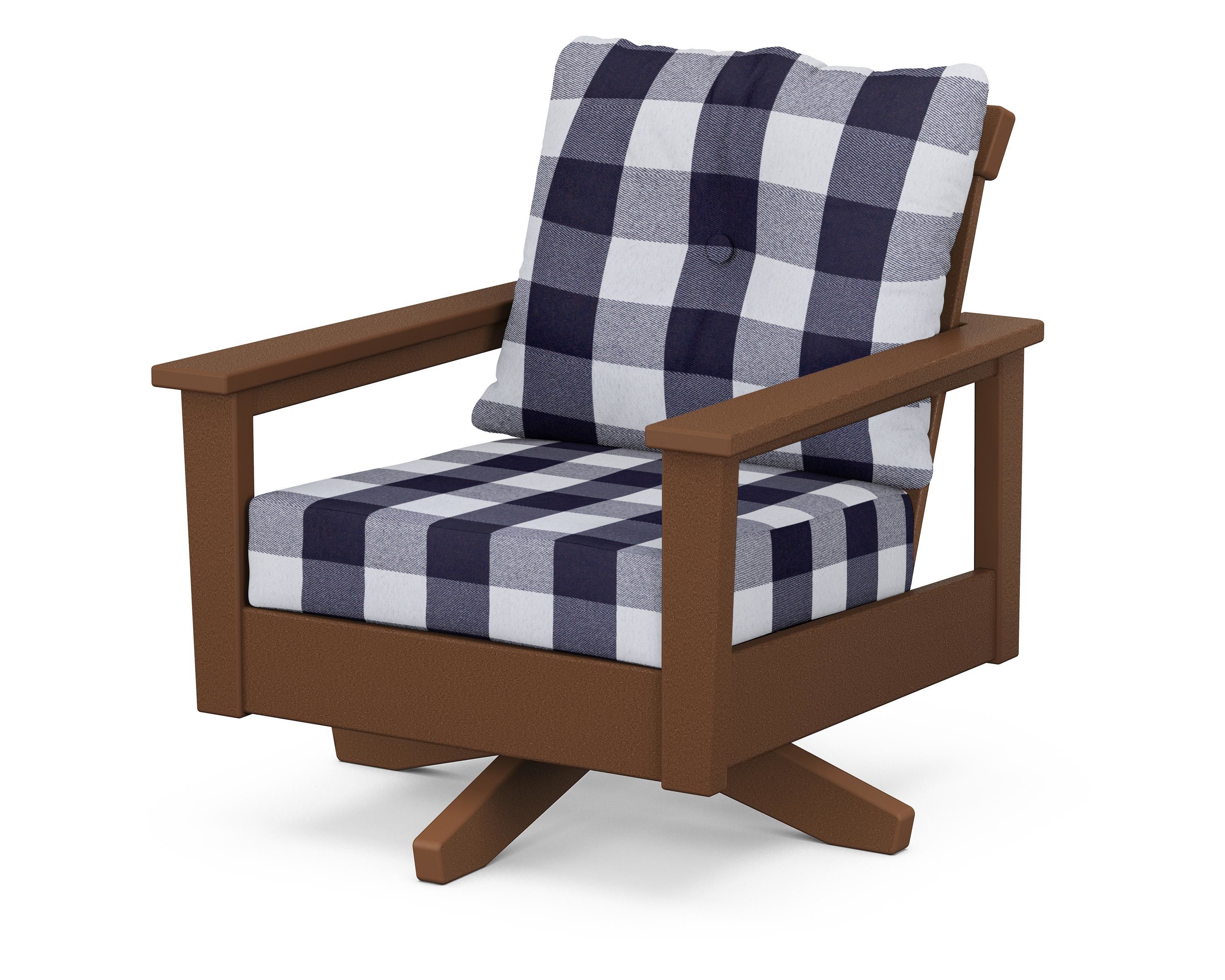POLYWOOD® Prescott Deep Seating Swivel Chair in Teak / Buffalo Plaid Navy