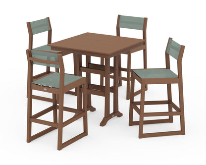 POLYWOOD® EDGE Sling Arm Chair 5-Piece Farmhouse Bar Set with Trestle Legs in Teak / Dupioni Sea Mist Sling