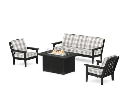 Country Living Cottage Deep Seating Fire Pit Table Set in Black / Buffalo Plaid Grey Mist
