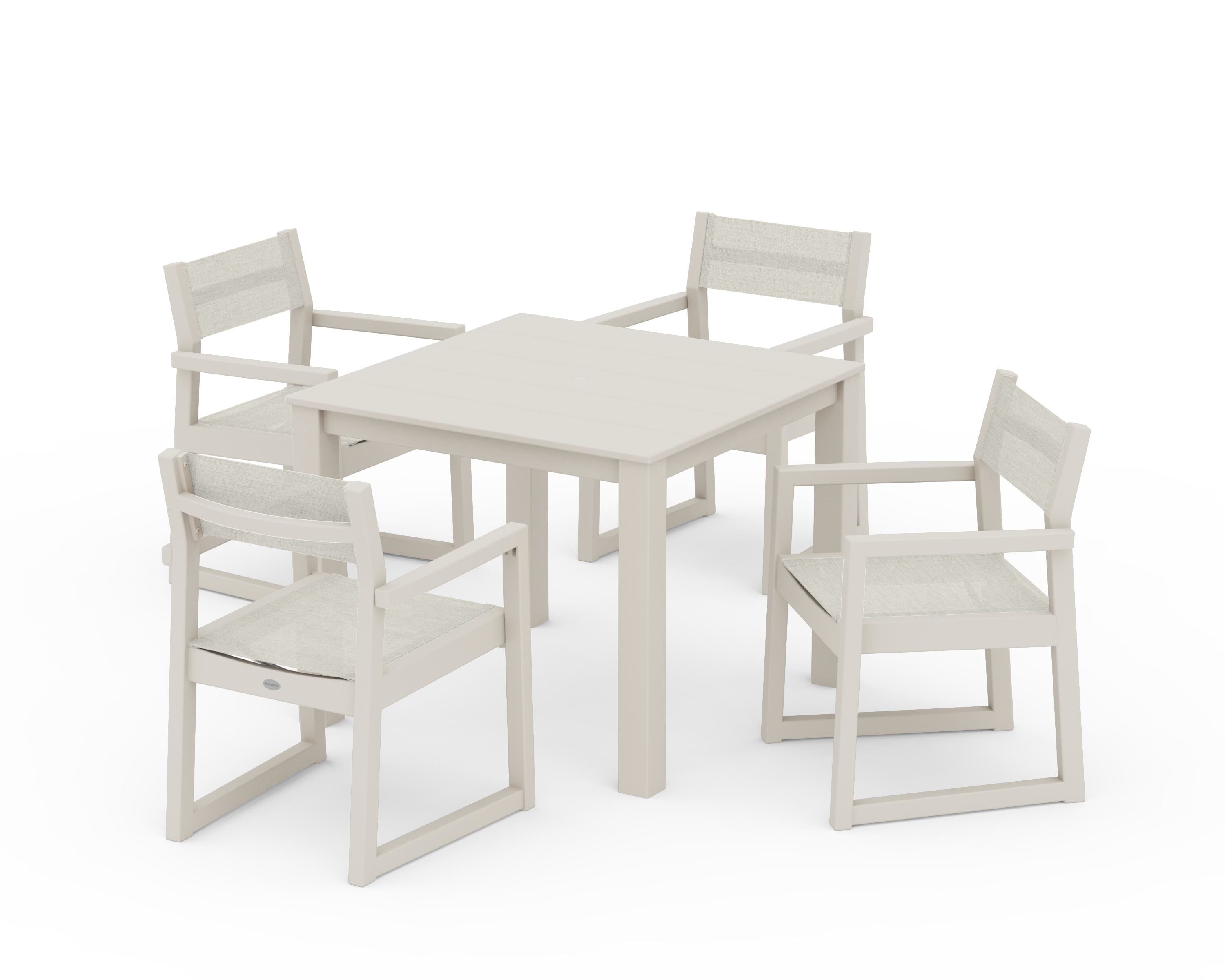 POLYWOOD® EDGE Sling Arm Chair 5-Piece Parsons Dining Set in Sand / Parchment Sling