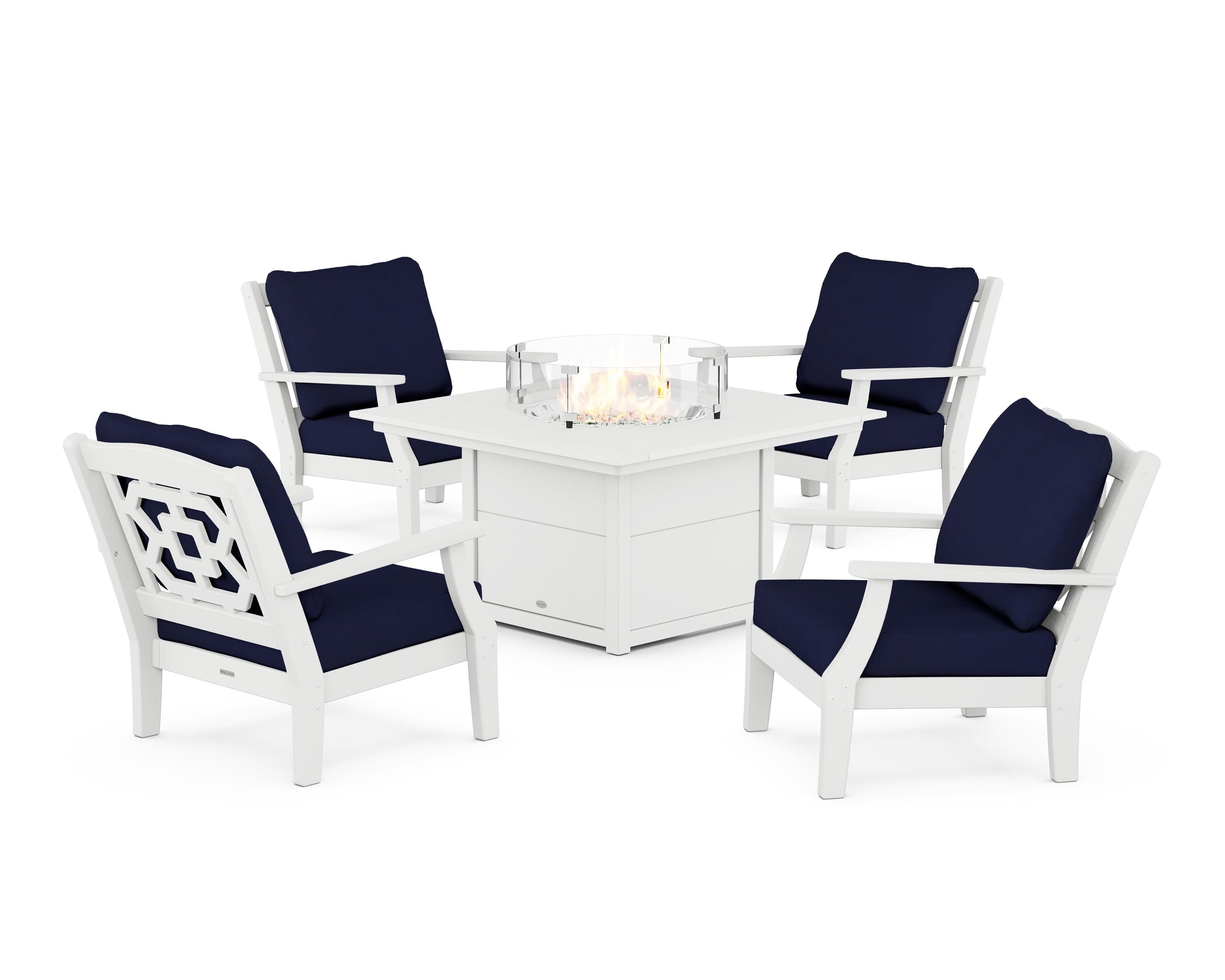 Martha Stewart by POLYWOOD® Chinoiserie 5-Piece Deep Seating Set with Fire Pit Table in White / Navy