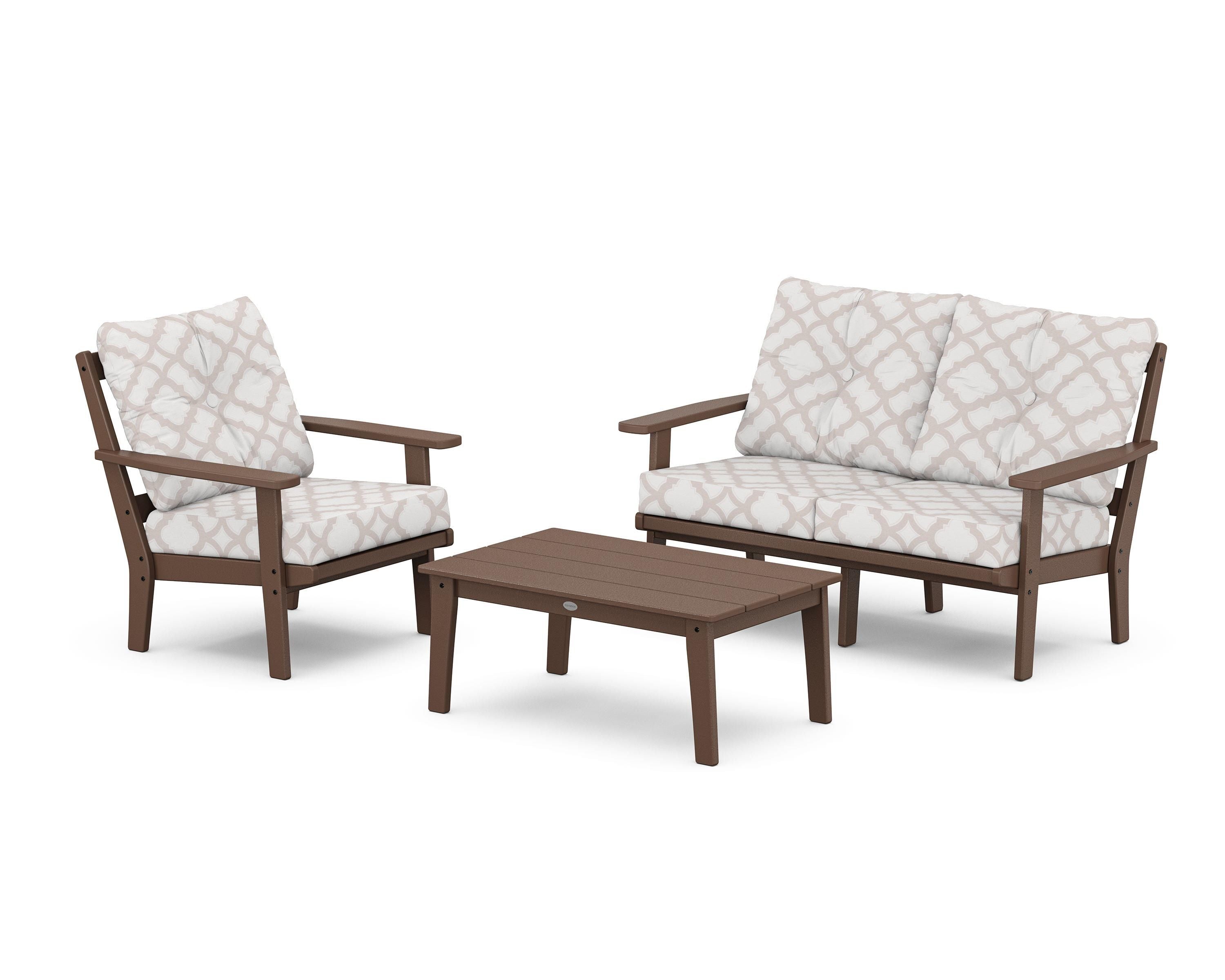 POLYWOOD® Prairie 3-Piece Deep Seating Set with Loveseat in Mahogany / Trellis Dune Burlap