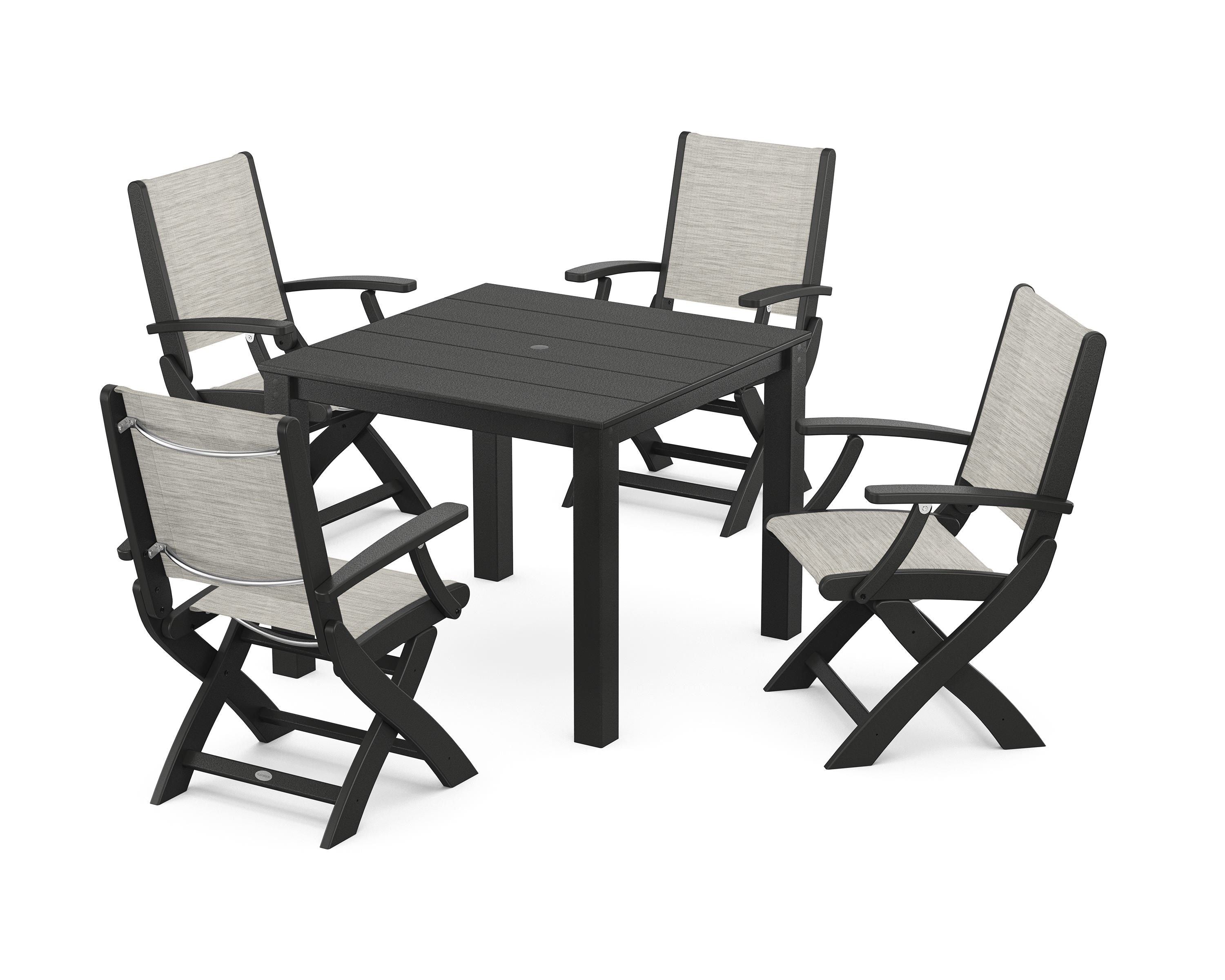 POLYWOOD® Coastal Folding Chair 5-Piece Parsons Dining Set in Black / Birch Sling
