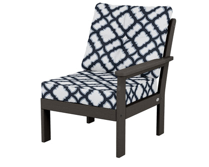 POLYWOOD® Vineyard Modular Right Arm Chair in Vintage Coffee / Trellis Marine Indigo