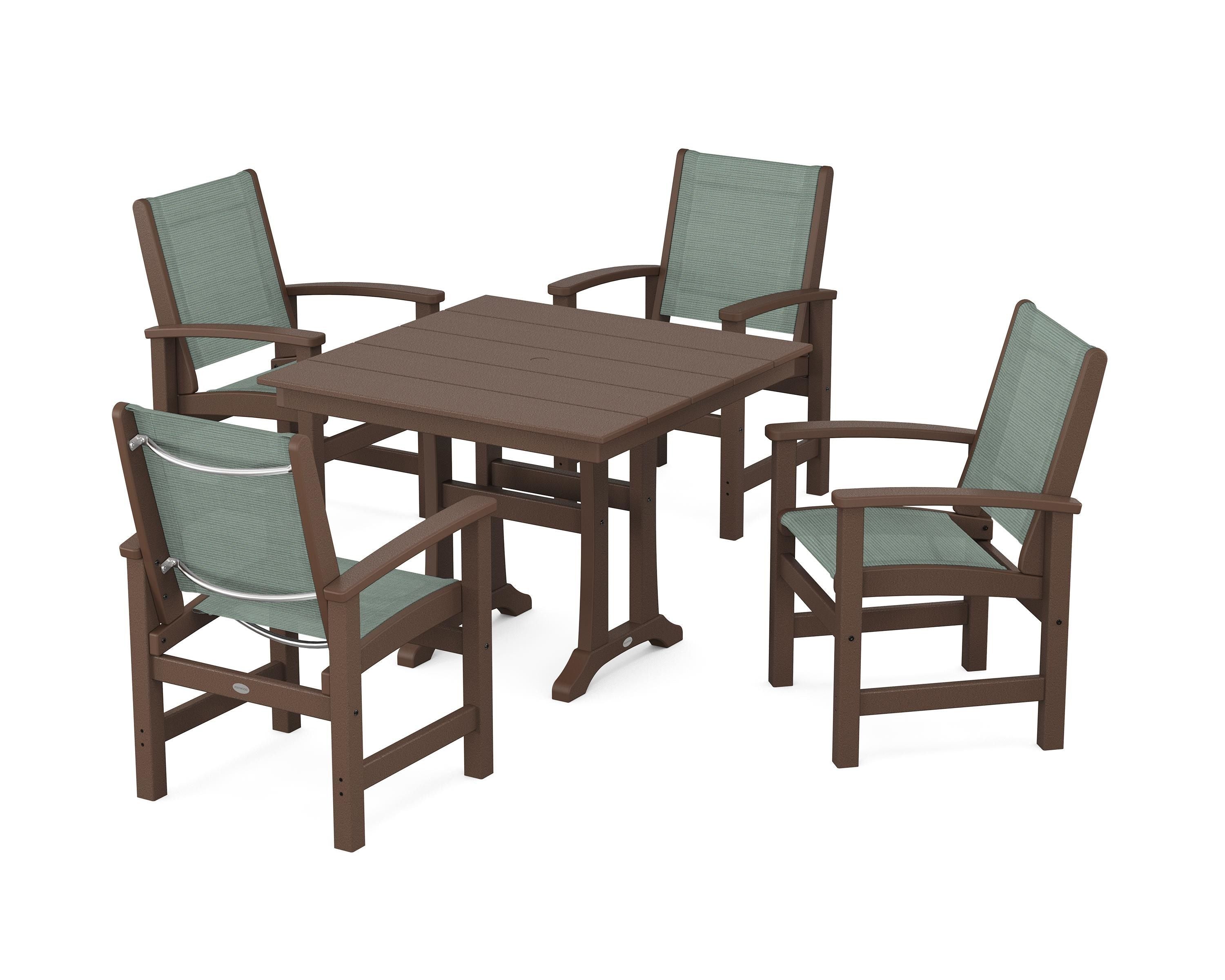 POLYWOOD® Coastal 5-Piece Farmhouse Dining Set With Trestle Legs in Mahogany / Dupioni Sea Mist Sling